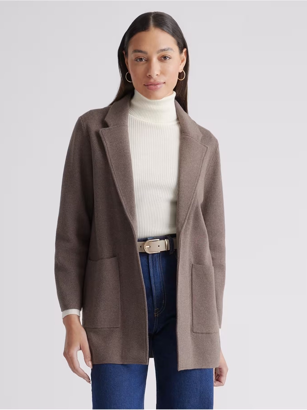 Quince 100% Organic Cotton Knit Blazer Heather Brown Medium Fall Coat